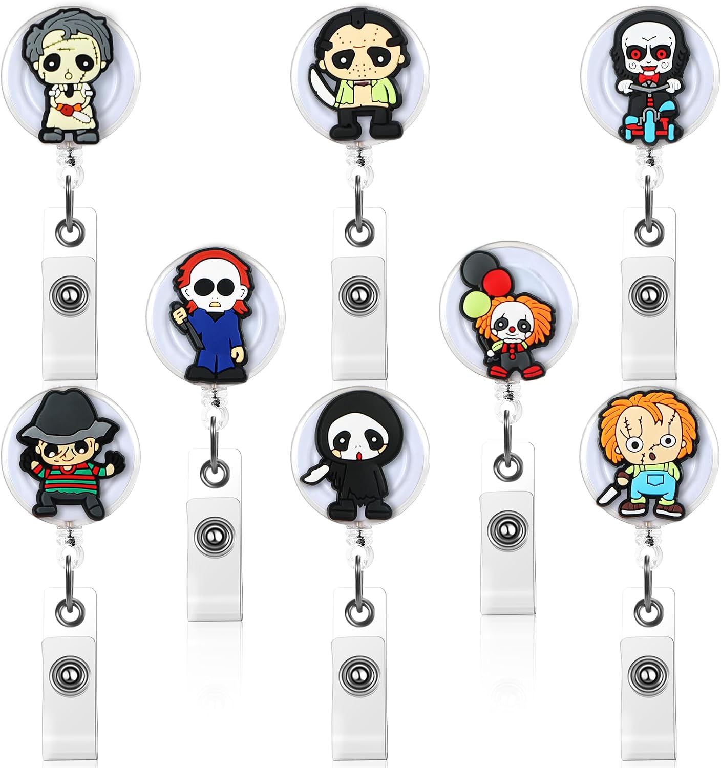 Jouierty 8Pcs Horror Movie Character Retractable Badge Reel Holders, Cartoon Clown Badge Reels Vampire ID Card Tag Holder with Metal Clip for Halloween Party Gift Student Nurse Office Worker Essential