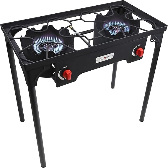 Gas One B-4545A Propane Double Burner Two Burner Camp Stove Outdoor High Pressure Propane 2 Burner Adjustable PSI Regulator and 4ft Hose With Removable Legs