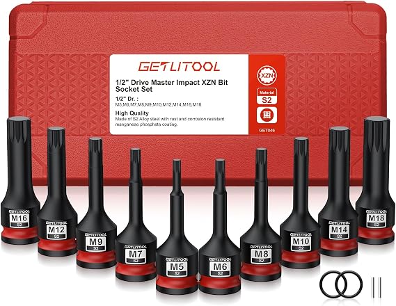 GETLITOOL 1/2 Inch Power Multi-Tooth Bit Socket Set 10-Piece S2 Steel Power XZN Bit Insert Set M5-M18 Length 78 mm Multi-Tooth Impact Wrench Nuts Set Internal Serration for XZN