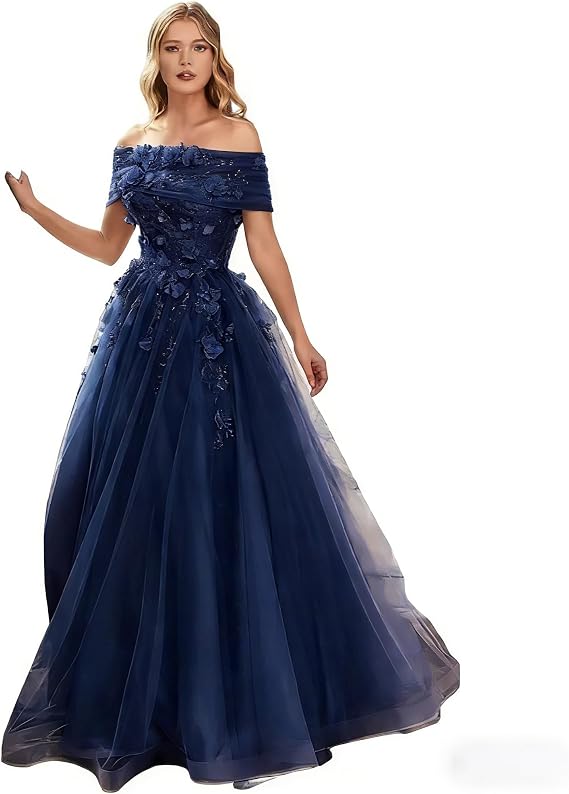 3D Floral Applique Gown - Off Shoulder Tulle Dress - Ball Gown Maxi Formal Dress