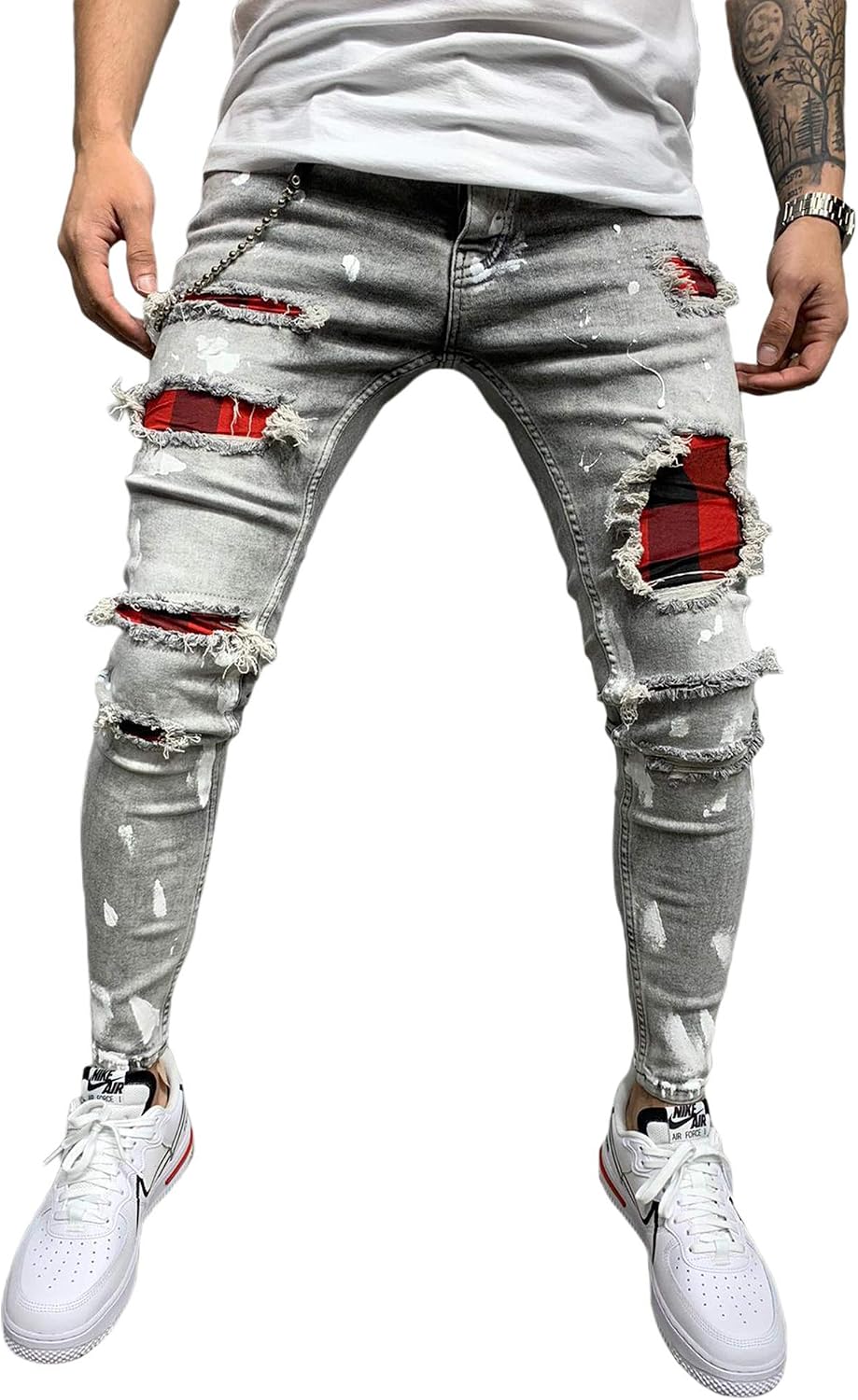Men's Stretch Skinny Ripped Jeans, Super Comfy Distressed Denim Pants with Destroyed Holes