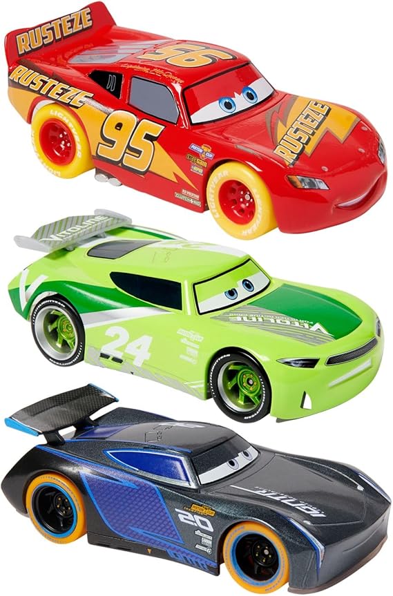 Disney Store Official Cars Light-Up Pullback Die Cast Set - Featuring Lightning McQueen, Jackson Storm, Chase Racelott - Neon Lights Set with Light-Up Pull-N-Race Diecast Cars