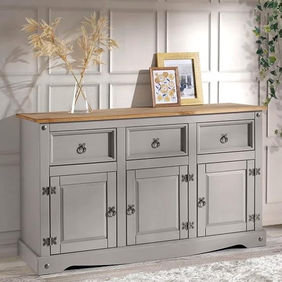 Furniture Dash Rustic Grey 6-Compartment Cabinet Solid Wood Console Table with Storage Drawers & Doors for Dining, Kitchen, or Entryway Use
