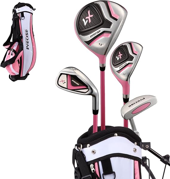 Precise X7 Kids Golf Clubs Set Boys & Girls Junior Golf Set with Lightweight Graphite Shafts, Hybrid, Putter & Stand Bag