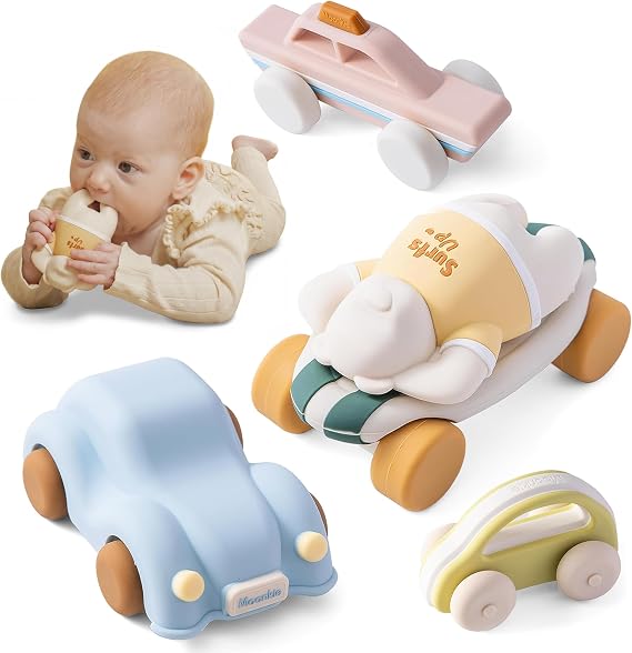 Moonkie Food Grade Silicone Toy Cars for Babies & Toddlers, Push and Go Baby Cars, Baby Teething Toys for 6-12 Months, Easy-to-Hold Hollow Body, Birthday Gift for Boys & Girls, 5 Pack