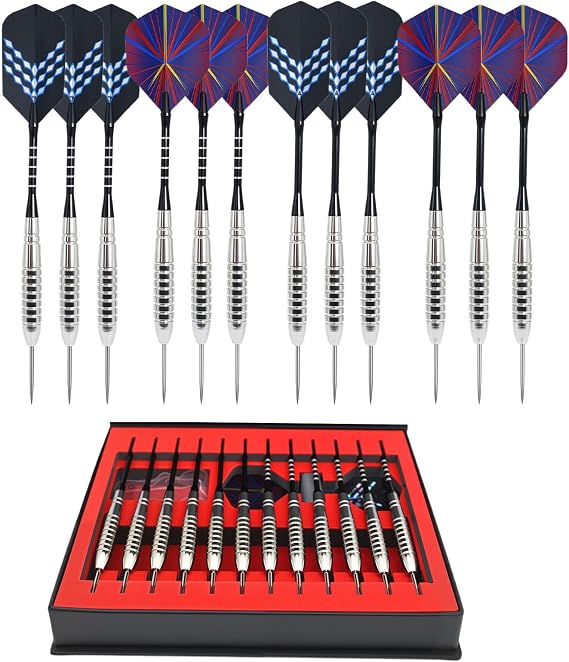 12Pcs Steel Tip Darts Set, 22G Professional Metal Dart with 2 Color Premium Aluminum Shafts and 4 Style Poly Flights, Darts set for Beginners and Hobbyists