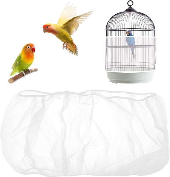 Bird Cage Cover, Circumference 40-68 inches Bird Cage Seed Catcher, White Bird Cage Net Cover, Adjustable Bird Cage Netting for Parrot Enclosures, Round Square Cages