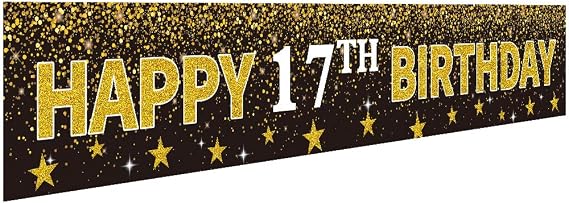 Ushinemi Happy 17th Birthday Banner Party Decorations, 17 Years Old Birthday Backdrop, Cheer to 17th Year Anniversary Large Signs, 9.8X1.6Ft, Gold and Black