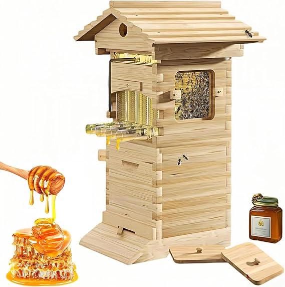 Beehive Starter Kit Complete Box with Observation Window & Honey Spout for Beekeeping, Includes Carpenter Bee House for Garden Pollinators