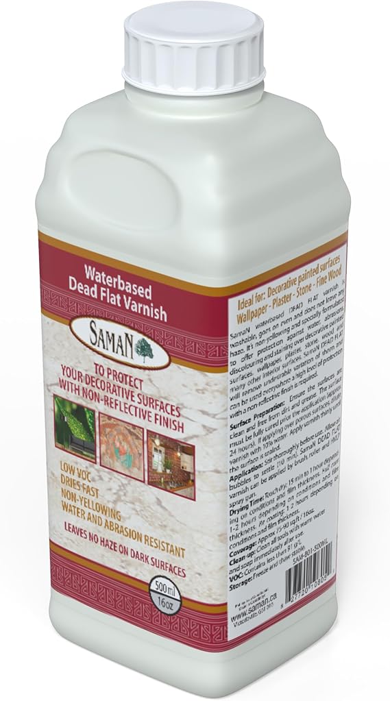 Saman Waterbased Dead Flat Varnish SAM-801 Protects Decorative Surfaces (500 ml 16 oz)