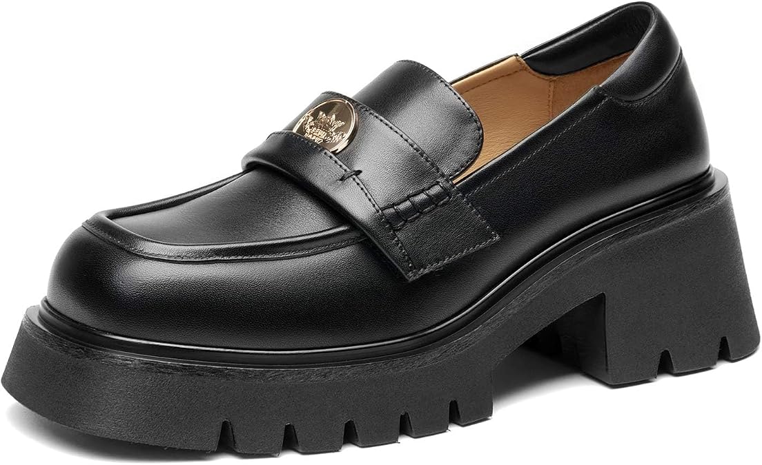 BEAU TODAY Chunky Loafers Women Platform Penny Leather Lug Shoes