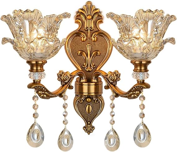  Modern Crystal Wall Sconce,Vintage Floral Wall Light,1-Light Wall Lamp with Glass Shade,Brass Led Wall Mount Lamp Lighting Fixture for Bedroom Living Room Bathroom Corridor Hallway(2 Lights, C)