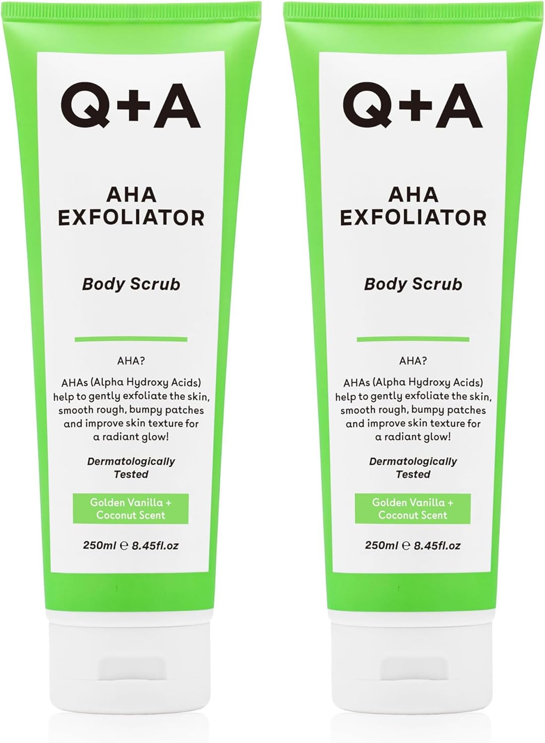 QA AHA Exfoliator Body Scrub 250ml x 2, Exfoliating Body Scrub with AHA and Lactic &amp; Glycolic Acid, Smooths Rough Dry Skin, Brightens &amp; Hydrates, Vanilla &amp; Coconut Scent