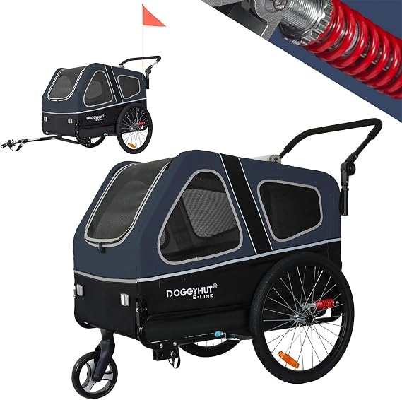 DOGGYHUT S-Line XL Pet Bike Trailer & Stroller for Large Dogs Up to 100 lbs, Folding Dog Cart with Shock-Absorbing Suspension Wheels, Low Center of Gravity, Parking Brakes