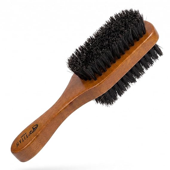 TITAN Double Sided Boar Bristle Brush, 100% Natural Firm and Soft Bristles with Wooden Handle, 2-in-1 Hair Brush for Waves, Fades, and Slick Back Styling, Durable Wood Design for Men and Women
