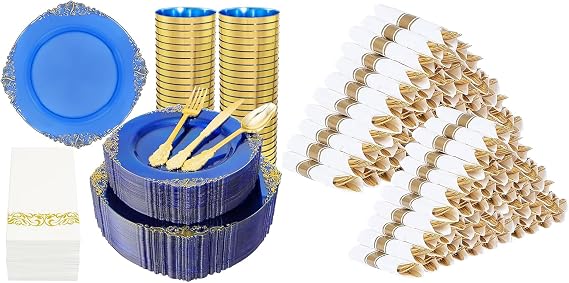 Nervure 350PCS Blue Plastic Plates - 400PCS Pre Rolled Gold Plastic Silverware Sets for Wedding & Party