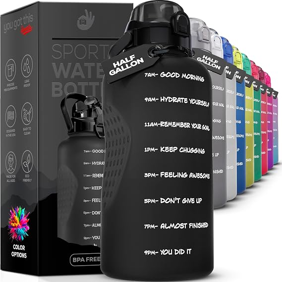 Motivational Hydro Water Bottle, 64 oz/2.2L, Flask Water Bottle Hourly Time Marker, Leak Proof BPA FREE Bottle with Straw, Shatterproof,Measurable goals to achieve hydration objective Stylish Hues,BL