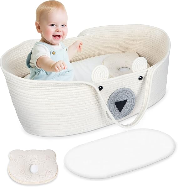 Baby Changing Basket Set of 3,Hand-Woven Moses Basket for Babies with Soft Pad & Pillow,Portable Baby Diaper Changing Station for Boho Nursery Decor,Changing Table Topper for Infant Gifts...