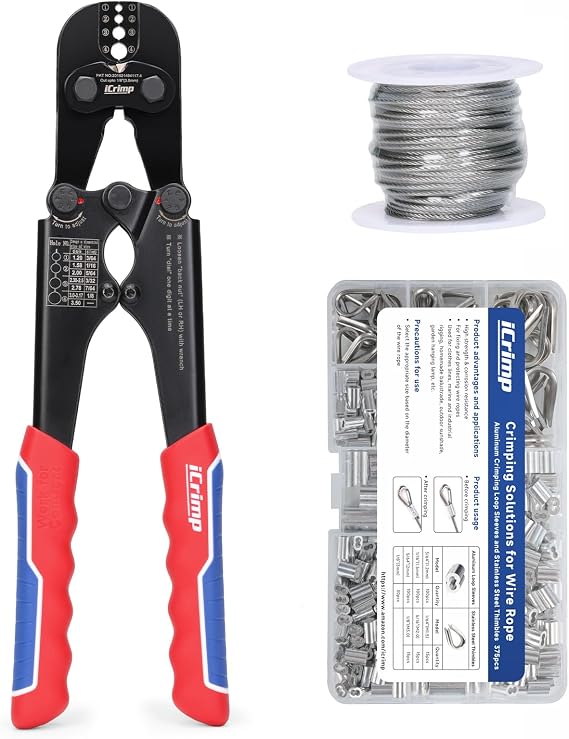 iCrimp 1608MC Wire Rope Crimper w/Built-In Cutter, 3/64"1/8", Rope Kit | Kit includes crimper tool, storage case with 330 aluminum loop sleeves & 45 stainless steel thimbles, plus 15m wire rope