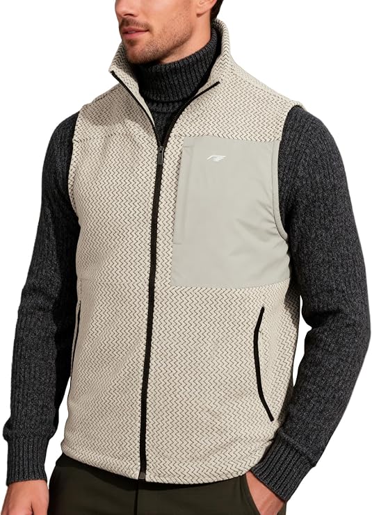 Mens Fleece Vest Mock Neck Full Zip Textured Sleeveless Jacket with Zippered Chest Pocket Active Fit Hiking Golf Top