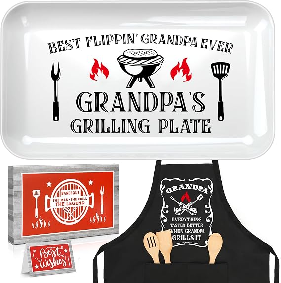 Gifts for Grandpa Fathers Day, Grandpa Birthday Gifts Personalized Grilling Platter Apron Gift for Grandpa from Grandkids, Great Grandpa Christmas Gift Funny Grandpa Grilling Plate BBQ Serving Tray