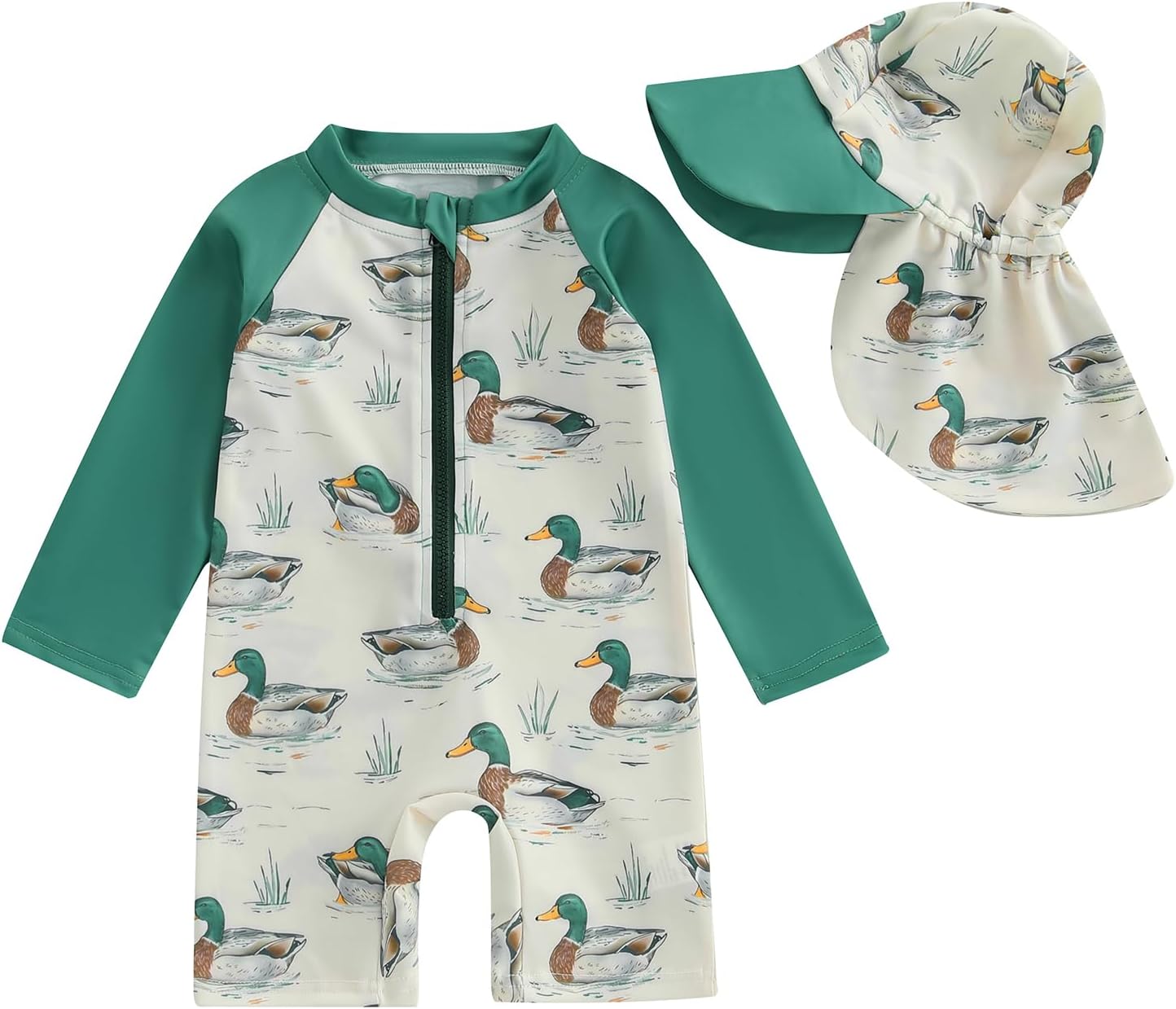 KMBANGI Toddler Baby Boy Mallard Swimsuit Kids Rash Guard Long Sleeve One Piece Bathing Suit Duck Hunting Swimwear with Hat