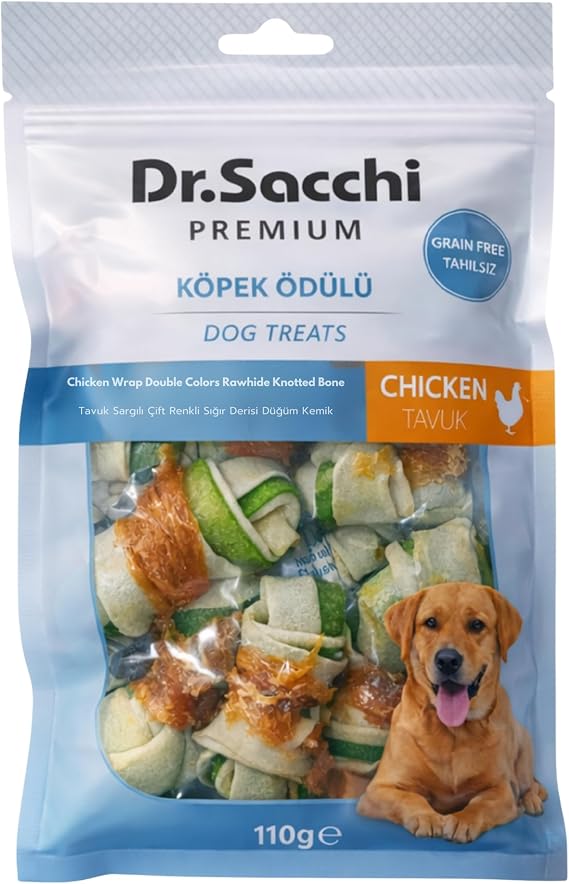 Dr.Sacchi Premium Tavuk Sargılı Çift Renkli Sığır Derisi Düğüm Kemik Tahılsız Köpek Ödülü 2“ 13-15 Gr 8'li