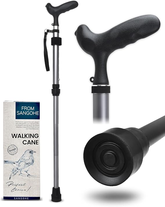 Sangohe Walking Cane - Walking Stick Adjustable, Pivot Tip Four Legs Base, Safety Light, Travel Bag - Walking Sticks for Seniors & Adults - Folding Canes for Stability, Black, 929D