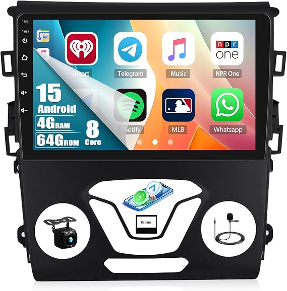 8-Core 4+64G Android 15 Car Stereo Radio for Ford Fusion Mondeo 2013-2019 Wireless CarPlay Andriod Auto 9'' 1280 * 720 IPS Touchscreen 36 EQ Bluetooth 5.0 WiFi FM RDS 59 UI GPS SWC Backup Cam