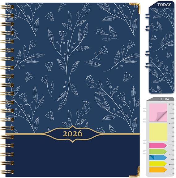 LARGE PRINT HARDCOVER 2026 Planner, 8.5"x11": 14 Months (November 2025 - December 2026), Daily Weekly Monthly Planner, Yearly Agenda, Bookmark, Pocket Folder and Sticky Note Set (Blueberry Vines)