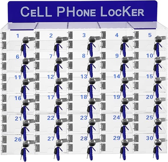 Cell Phone Locker, 30 Slots Acrylic Cell Phone Locker Box with Door Locks and Keys, Wall-Mounted Acrylic Cabinet Cell Phone Storage Box for Office School Classroom Factory