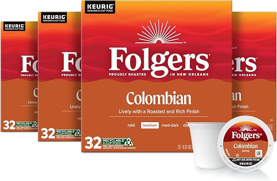 Folgers Colombian Medium Roast Coffee K-Cup Pods, Bulk 128 Count | Rich lively flavor, subtle fruity notes, single serve coffee pods, compatible with Keurig brewers, 4 boxes, 32 pods each