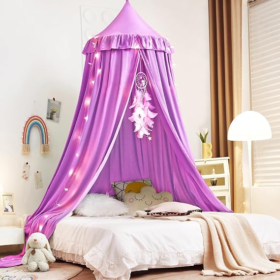 Kertnic Decor Princess Canopy for Girls Bed, Soft Smooth Playing Tent Canopy Room Decoration Castle, Dreamy Mosquito Net Bedding, Reading Nook Canopies in Home (Purple)