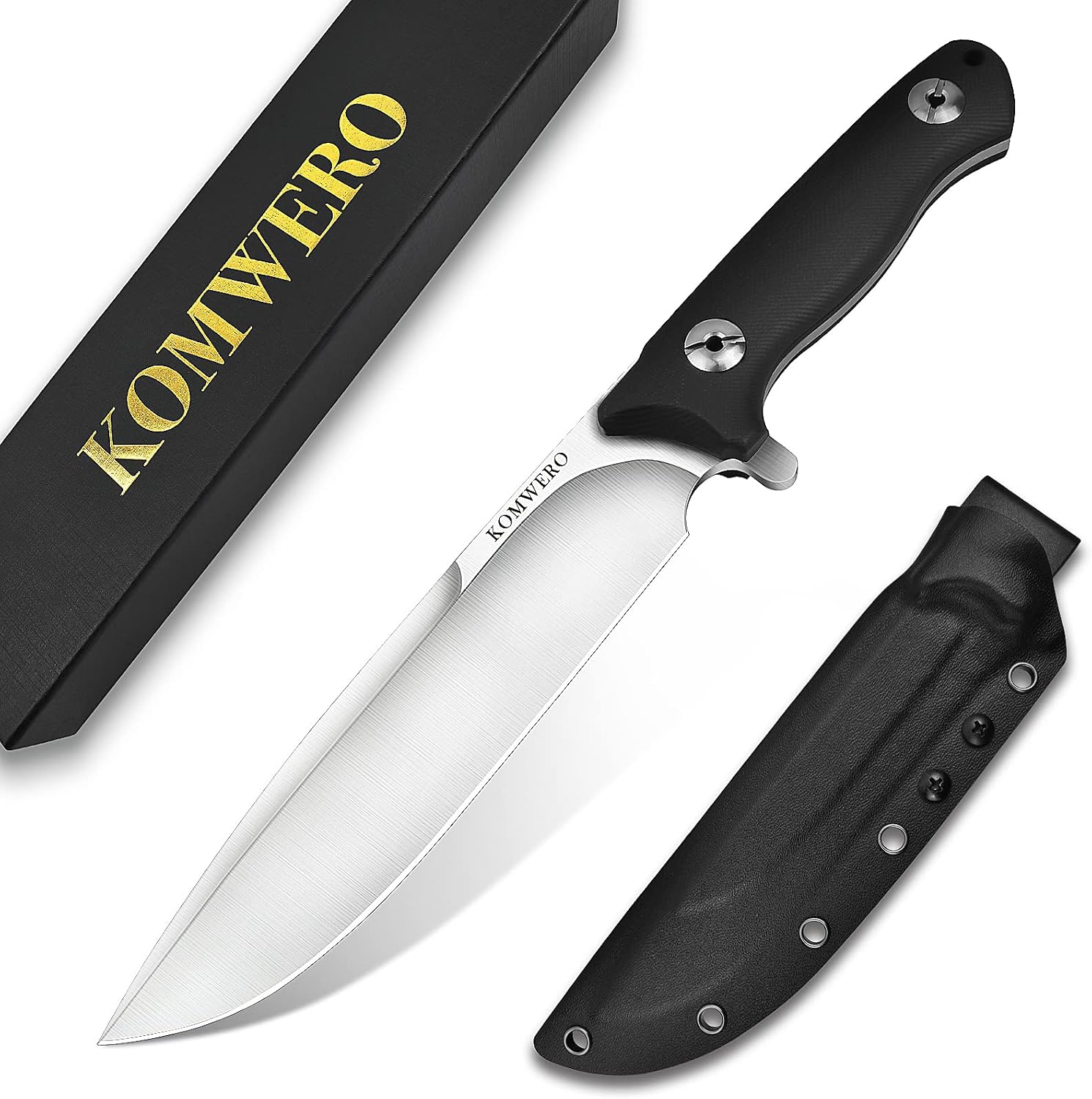 KOMWERO D2 Steel Fixed Blade Hunting Knife with Kydex Sheath, Full Tang Outdoor Survival Knives with 5.71" Flat Grind Blade, Fire Starter, Non-Slip G10 Handle, for Camping Hiking Bushcraft Fishing