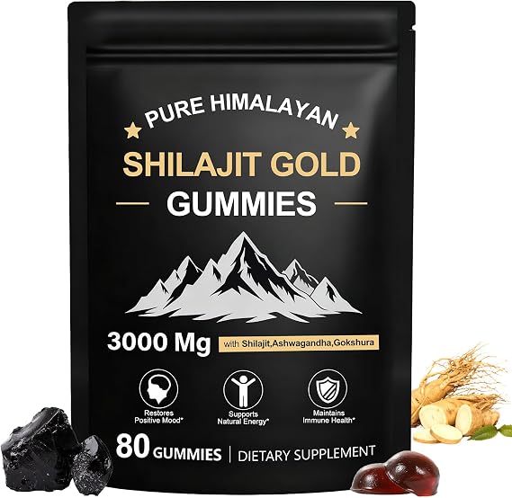 Shilajit Gummies, Pure Himalayan Shilajit Gummies Gold, No Added Sugar Non-GMO 100% Natural & Organic, Ashwagandha, Gokshura| Fulvic Acid & 85+ Trace Minerals for Men, Women | 80 Gummy