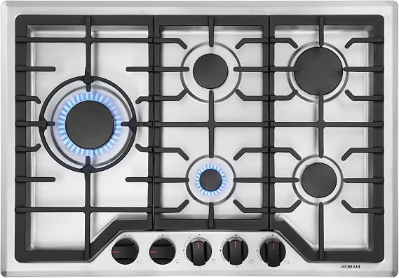 ROBAM 30 Gas Cooktop 7G7H50 with 15,000 BTU Power Brass Burners, Total Output at 50,000 BTU and Protected with Gas Leak Technology, Compatible with NG/LPG