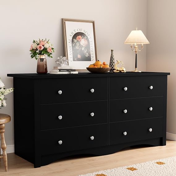 Shahoo Wood Dresser for Bedroom, 47.2" Wide Chest of Drawers | 6 Drawers Dressers, Storage Tower Unit, Modern Closet Store Organizer for Living Room, Hallway, Black