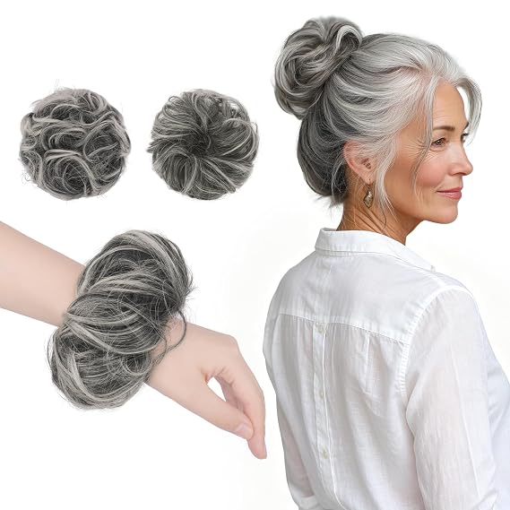 FESHFEN Black Gray and White Tips 2PCs Small Messy Bun Hair Piece for Thin Hair Women Girl Mini Synthetic Elastic Wavy Space-bun Scrunchies Updo Hairpieces