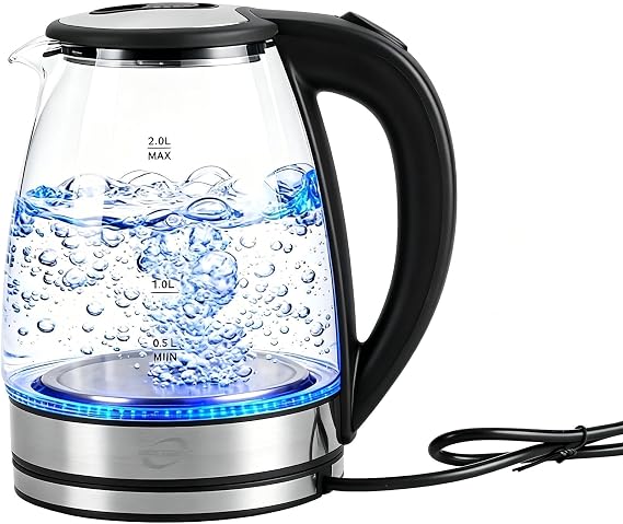 Multibao Electric Glass Kettle 2L 1800W Fast Boiling Tea Kettle Hot Water Boiler with Auto Shut Off, Boil-Dry Protection, BPA-Free Plastic-Free Interior, Blue LED Light, UKCA and ROHS approved