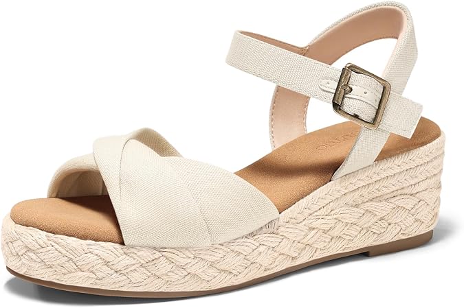 Coutgo Womens Platform Wedge Heels Sandals Espadrilles Open Toe Ankle Strap Twist Canvas Summer Beach Shoes