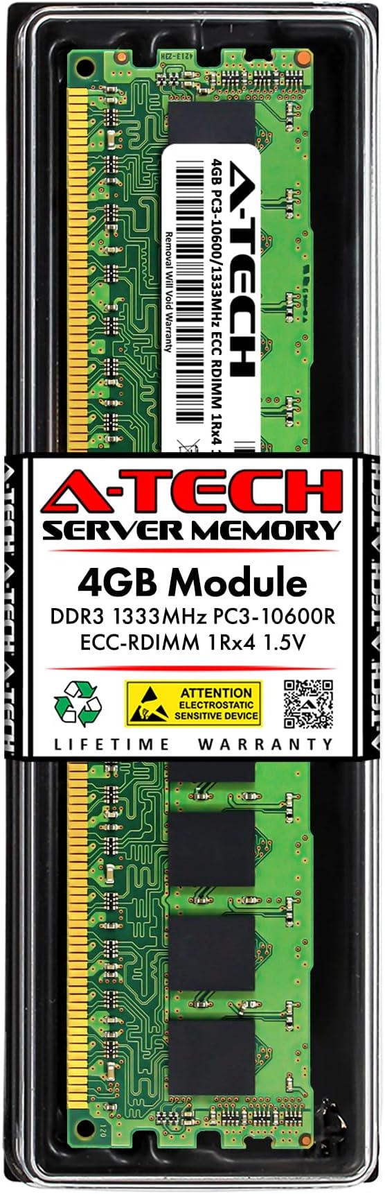 A-Tech 4GB DDR3 1333MHz PC3-10600R ECC RDIMM 1Rx4 Single Rank 1.5V Registered DIMM 240-Pin Server RAM Memory Upgrade Module (A-Tech Enterprise Series)