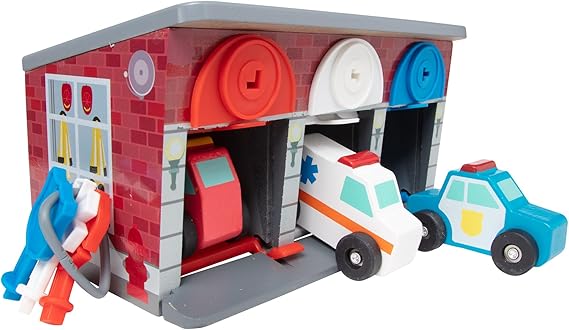 Melissa & Doug Keys and Cars Rescue Garage Wooden Toy Vehicles Set | 7 Pcs, Portable 3-Bay Garage, 3 Colored Keys, 3 Vehicles, Motor Skill Building Pretend Play, Preschool Toys for Kids, Ages 3+