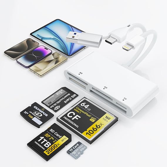 5-in-3 SD Card Reader USB C & USB3.0 & Lightning, Multi Card Adapter 5Gbps Read 5 Cards Simultaneously Supports SD/Micro SD(TF)/CF/XD/MS for i-Phone/i-Pad, USB C and USB A Devices, Plug and Play