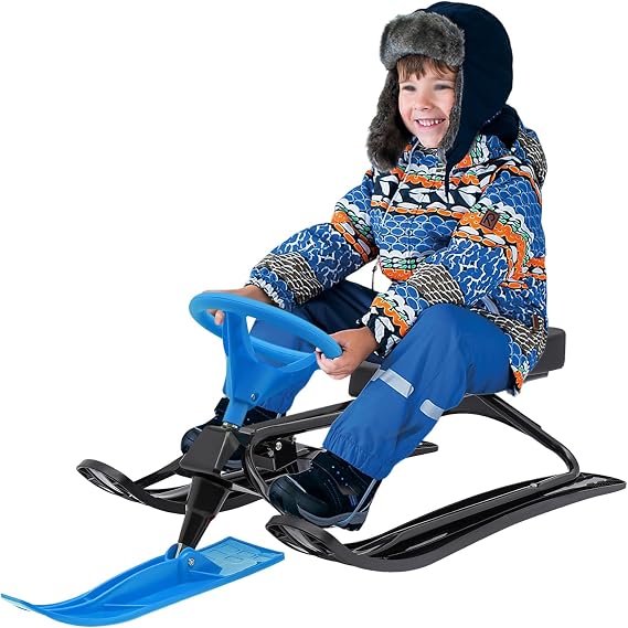 Snow Racer Sled, Ski Sled with Steering Wheel & Twin Brakes, Durable Steel Frame, Great Weight Capacity of 220 LBS, Sled for Kids Age 6 & Up, Teenagers Adult