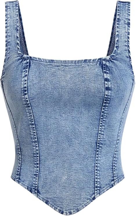 WDIRARA Women's Denim Corset Tank Top Crop Sleeveless Zip Up Back Tops