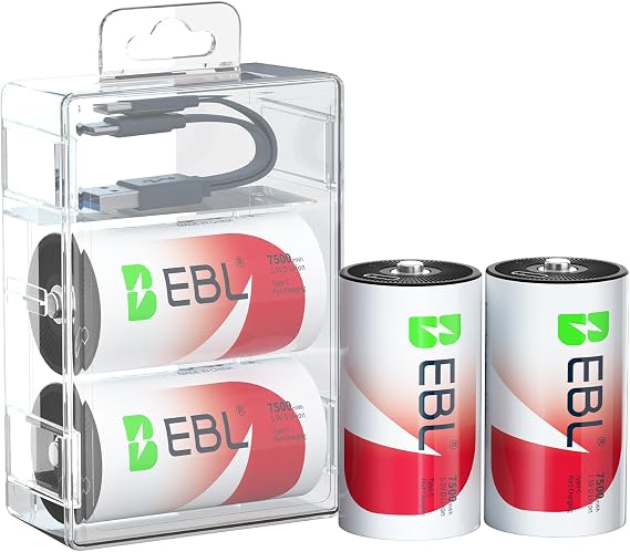 EBL Rechargeable D Batteries 7500mWh Lithium, USB-C Fast Charge (4 Pack) | Mercury-Free, 40% Lighter 1.5V Lithium 1600+ Cycles with 2 USB-C D batteries for cameras, floodlights, toys and flashlights
