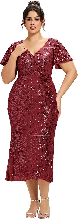 Ever-Pretty Plus Women's Sequin Maxi Plus Size Formal Wedding Guest Dresses
