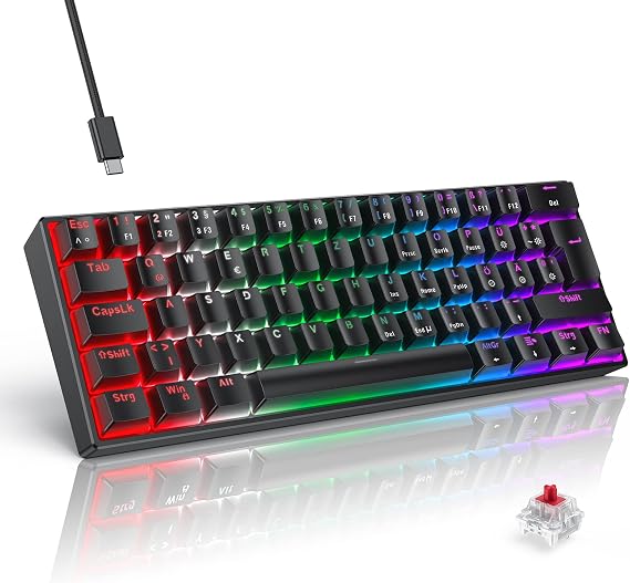 TECURS Mechanical Gaming Keyboard Mechanical Keyboard 60% QWERTZ Red Switches for PC Gamers and Work 61 Keys Wired Keyboard for PC Windows/PS5/PS4 Black