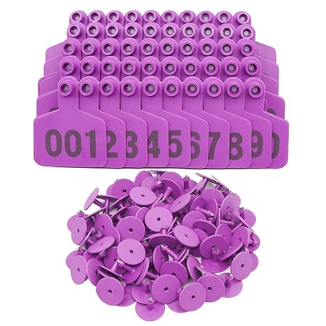 Cattle Cow Ear Tags Numbered Livestock Identifcation Ear Tags for Cattle Cow Horse Pig Goat Sheep Farm Animal (001-100, Purple)