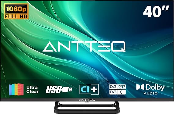 Antteq 40 Inch TV, FHD TV Central Stand Design 1080P Freeview HD Dolby Audio DVB T2/S2 LED Television, HDMI USB Media Player Monitor PS5 Xbox, Standard Nonsmart TV Small Screen for Bedroom Black